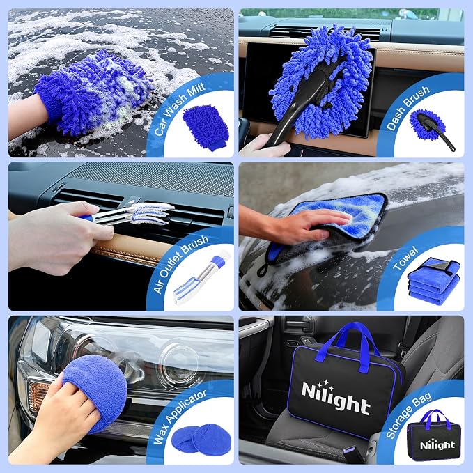 27PCS Car Detailing Kit Auto Cleaning Tools Wash Set with Storage Carry Bag Home Use for Interior Exterior Deep Clean Polish Car Care Windshield Dashboard Seat Air Vents Wheels Tires, Blue