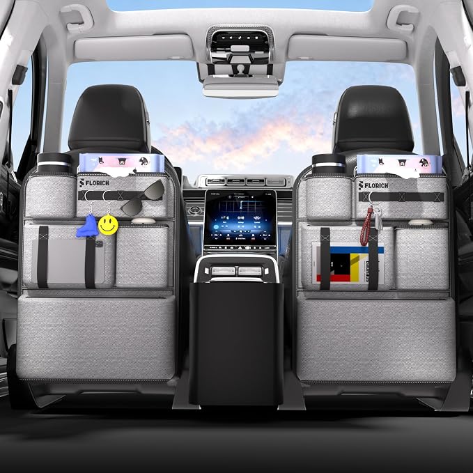 2 PACK PU Coated Fabric Car Backseat Organizer, Durable Large capacity Seat Back Organizer and Storage with 6 Pocket, Kick Mats Back Seat Protector for Kids Universal Fit