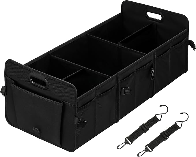 Car Trunk Organizer, Multi Compartments Collapsible Trunk Storage, Anti-slip, Waterproof 600D Oxford Polyester, with Adjustable Straps for SUV, Minivan, Truck, Large Size, Black