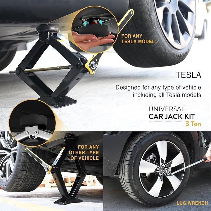 Car Jack Kit 3 Ton (6,600 lbs) with Tesla Pad & Universal Rubber Pad | Scissor Jack for Car - Tire Jack Tool Kit | Portable, Ideal for SUV and Auto - Universal Emergency Kit with Lug Wrench