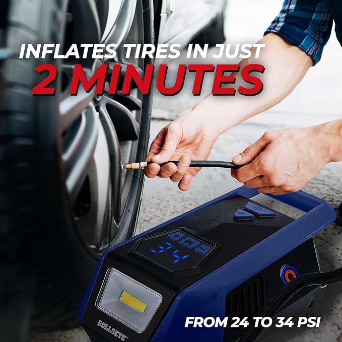 Bullseye 12V DC Car Tire Inflator Portable Air Compressor - Rapid 2 Minute Inflation, Auto Shut-Off, Max 150 PSI, Easy Cord Storage, Digital Pressure Gauge, LED Display (Royal Blue) - As Seen on TV