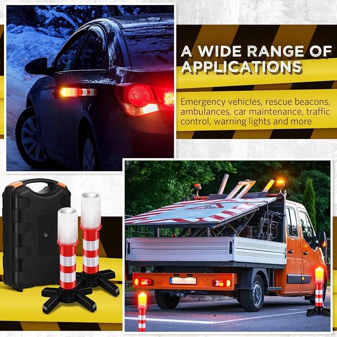 2 Pcs Emergency Roadside Flares Bulk Kit LED Safety Strobe Road Warning Light Bright Red Safety Beacon Strobe Light Roadside Flare Magnetic Base Detachable Stand Vehicle (Batteries Excluded)