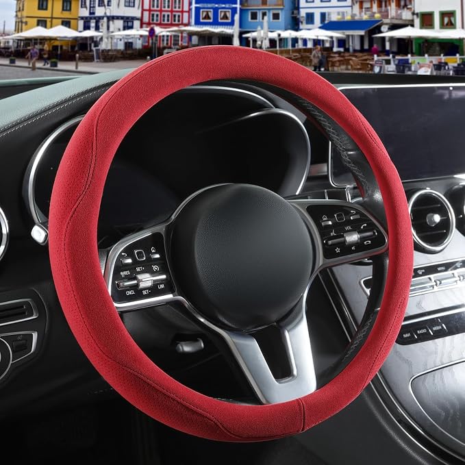 Red Suede Steering Wheel Cover Large for Model X Model S Ford F150 F250 F350, Breathable Non-Slip Sweat-Proof Wear-Resistant, Warm in Winter and Cool in Summer, 15.5 inch to 16 inch