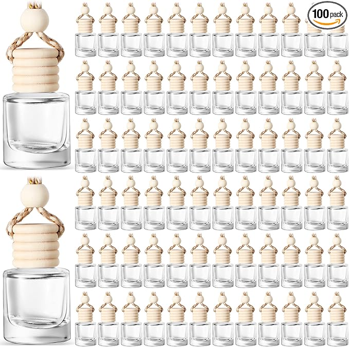 100 Pcs Car Air Fresheners Diffuser with Wooden Cap Empty Aromatherapy Diffuser Clear Fragrance Holder Pendant Hanging Perfume Fresheners Bottles for Car Decor(Classic,Clear)