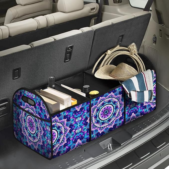 Purple Mandala Flower Car Trunk Storage Box with Pockets Car Accessory for SUVs Cars Automotive Organizer