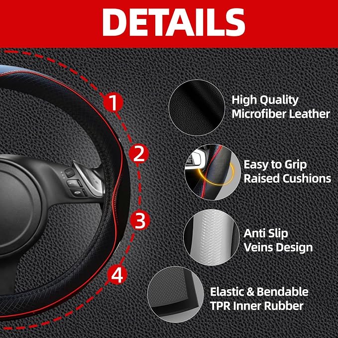 10 PCS Leather Car Seat Covers Front Set, 14.5”-15'' Sporty Steering Wheel Cover Universal, Center Console Cover, Seat Belt Cushion, Cup Holder Coaster, Car Accessories Set Red