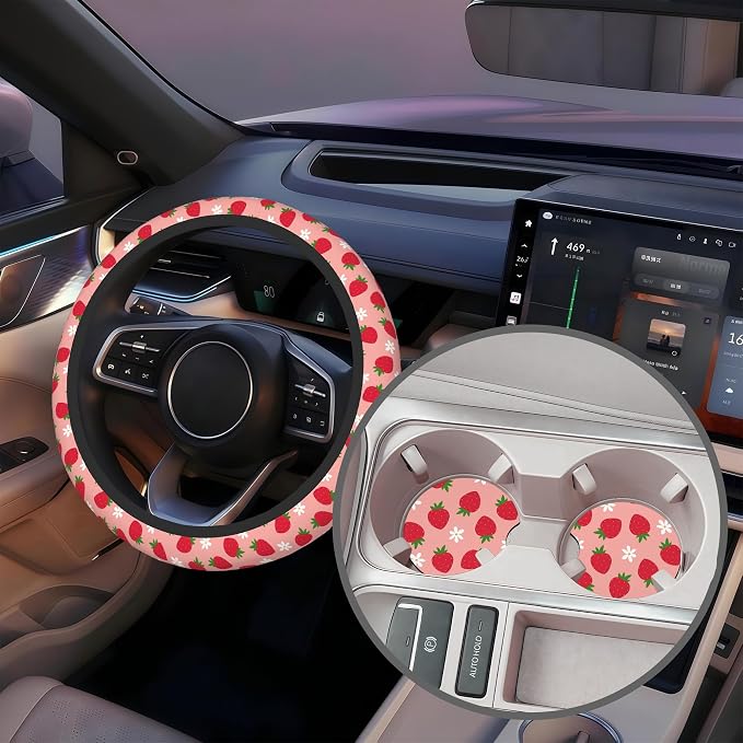 Strawberry and Flower Steering Wheel Cover for Women, Anti-Slip Car Steering Wheel Cover with 2 Pcs Cup Holders Neoprene Breathable Car Accessories Universal 15 Inch Auto Interior Decor