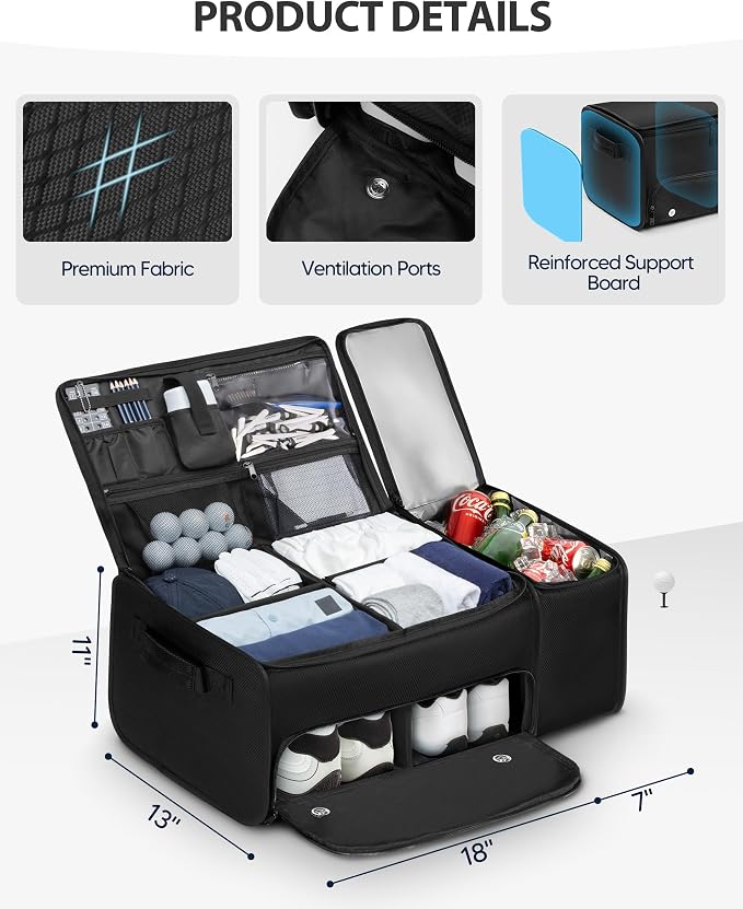 Golf Organizer for Car Trunk with Cooler, Anti-Sag Design, Ventilated Shoe Compartment, 2-Layer Storage Bag for Golf Accessories, Fits SUVs & Sedans - Black