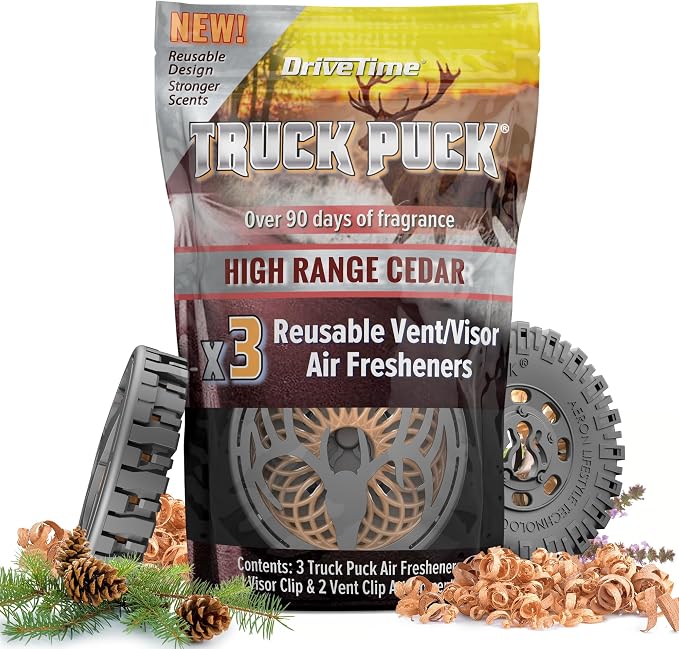 Truck Puck High Range Cedar Fragrancee Car Air Freshener – Long-Lasting Car Deodorizer, Refillable Vent & Visor Clip Auto Air Freshener for Car, Truck & SUV, Premium Fragrance, Pack of 3