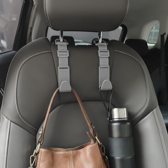Car Headrest Hooks 4 Pack Adjustable Universal Fit Auto Seat Back Organizer Storage Hanger Purse Bags Holder with Clip Gray