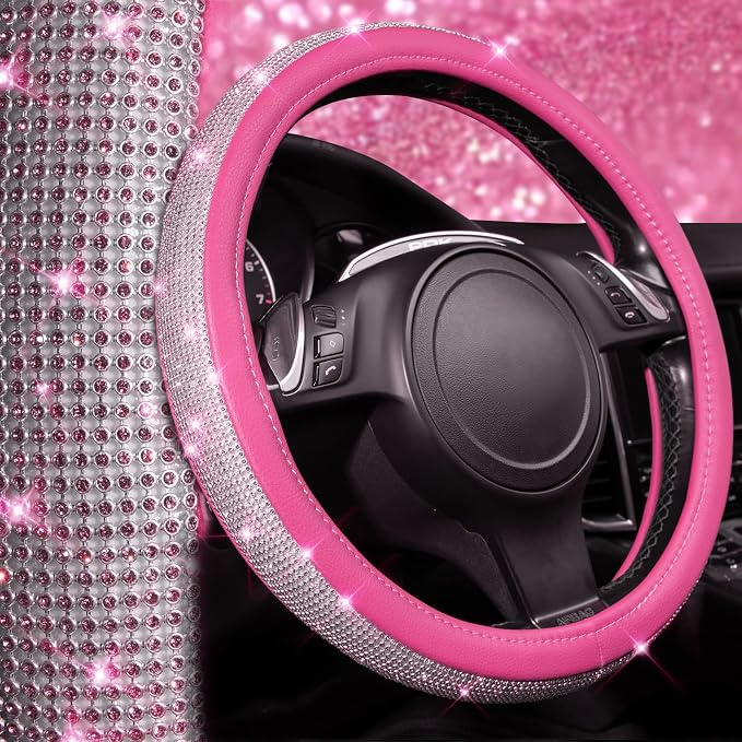Diamond Pink Leather Steering Wheel Cover, with Bling Crystal Rhinestones Universal Fit 14" 1/2-15" Crystal Glitter for Women Sparkle Girl Fit Suvs,Vans,Sedans,Cars,Trucks, Pink Diamond