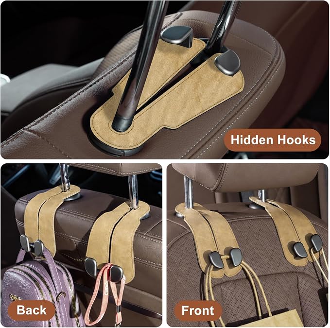CoBak Purse Hook for Car - Universal Premium Stitched Leather and Aluminum-Magnesium Alloy Double Car Seat Back Storage Hook for Purses, Handbags, Bags (2 Pack),Linen