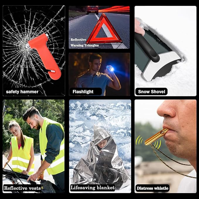142 PCS Emergency Roadside Kit for Car,Safety Car Kit with Jumper Cables | Roadside Assistance Emergency Kit Warning Triangle, Safety Hammer, Tow Rope, Car Emergency Kit Gifts for New Drivers