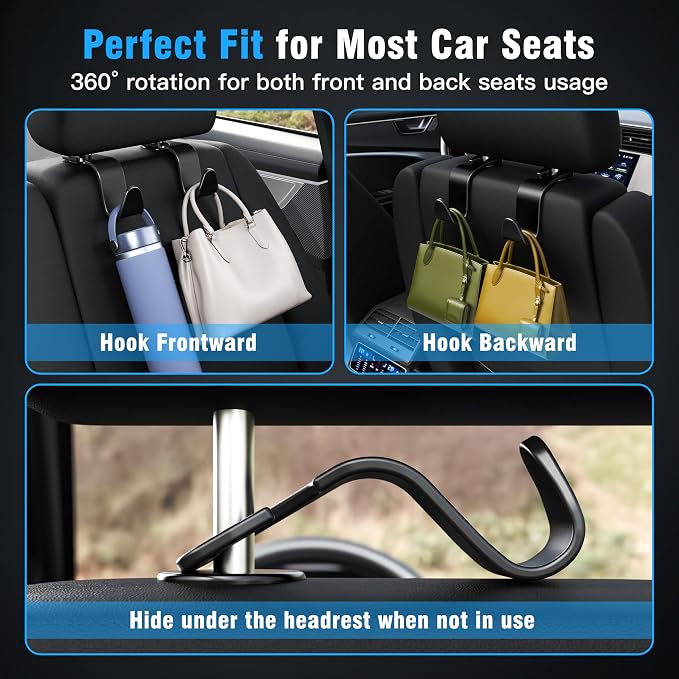 4-Pack Car Headrest Hooks Vehicle Storage Organizer for Purses Handbags Groceries Backpack Coats –Holds 55lbs 360° Rotating Black