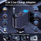 Retractable Car Charger Cigarette Lighter Adapter, 168W 5 in 1 Fast Phone Charging Built-in Replaceable Fuse, Socket Splitter with USB C and USB i Cord, Fit for Phone iPad Galaxy GPS, Black
