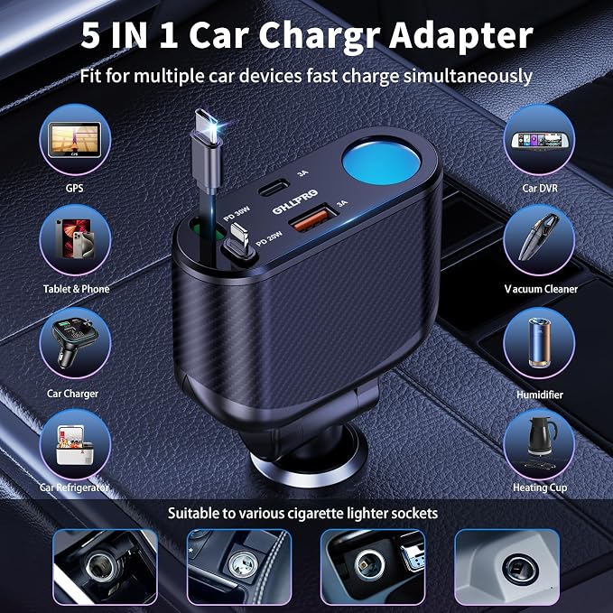 Retractable Car Charger Cigarette Lighter Adapter, 168W 5 in 1 Fast Phone Charging Built-in Replaceable Fuse, Socket Splitter with USB C and USB i Cord, Fit for Phone iPad Galaxy GPS, Black