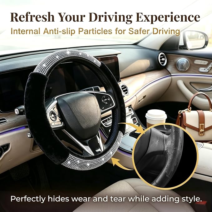 Bling Steering Wheel Cover Black Fluffy Rhinestone for Women Girls | White Diamond Elastic Car Steering Wheel Accessories Sparkling Fur Steering Wheel Protector Warm Universal Fit 14-15 inch