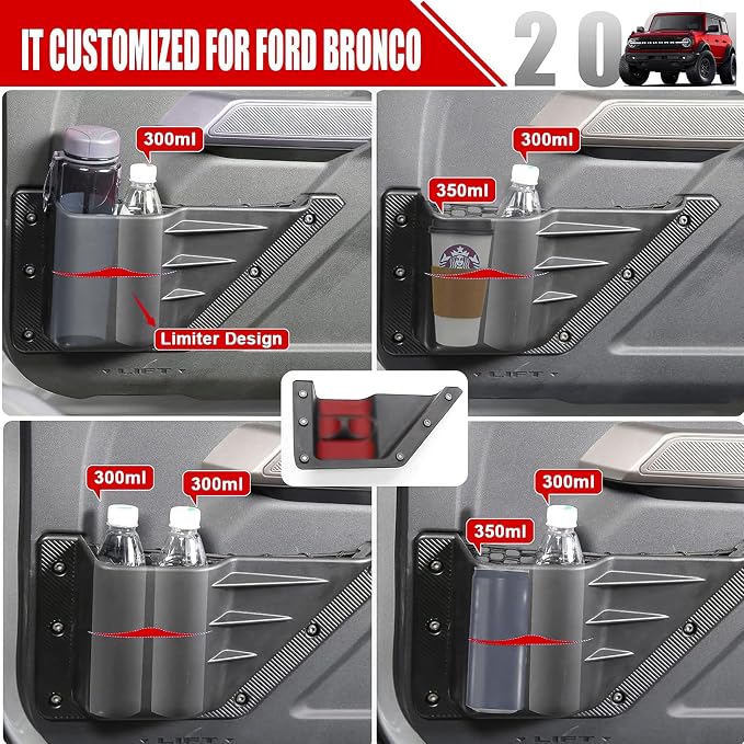 Front Door Storage Pockets for Ford Bronco Accessories 2026 2021-2025, Side Door Organizer Box fit Bronco 2/4-Door, Insert Cup Holder(2PCS)