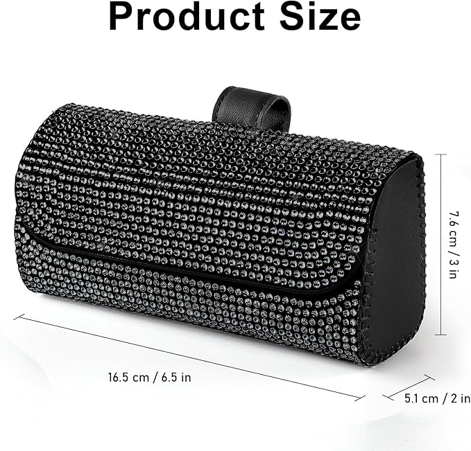 Bling Sunglasses Holder for Car Sun Visor, Sparkling Auto Glasses Clip Case Eyeglasses Protective Box, PU Leather Car Sunglass Storage Organizer for Truck, SUV, RV (Black Crystal)