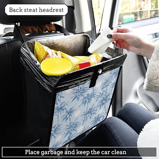 Car Trash Can Organizer Bin with Adjustable Strap for Back Front Seat Console Waterproof Leakproof Collapsible Portable 11 Inch Light Blue Palm Trees and Sun