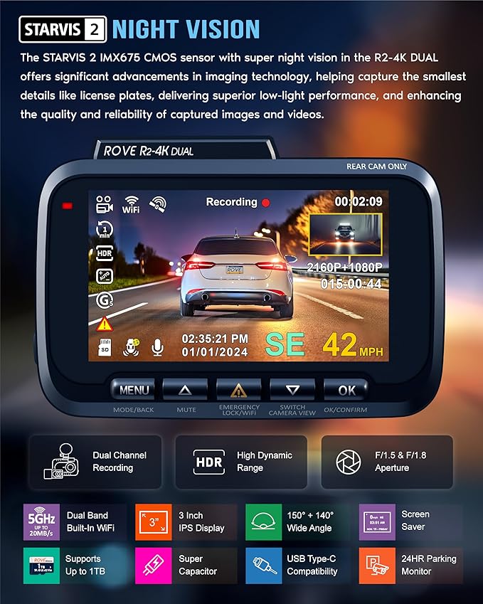 R2-4K DUAL Dash Cam Front and Rear, STARVIS 2 Sensor, FREE 128GB Card Included, 5G WiFi - up to 20MB/s Fastest Download Speed with App, 4K 2160P/FHD Dash Camera for Cars, 3" IPS, 24H Parking Mode