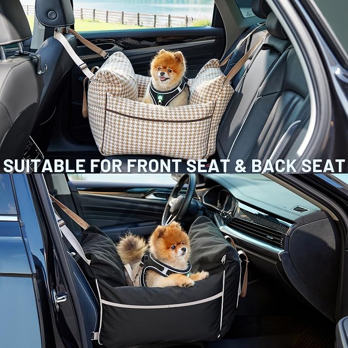 Dog Car Seat for Small Dogs - Waterproof Pet Booster Seat for Car with Clip-On Safety Leash, Travel Carrier for Medium Puppy up to 25 lbs, Adjustable Buckles, Black