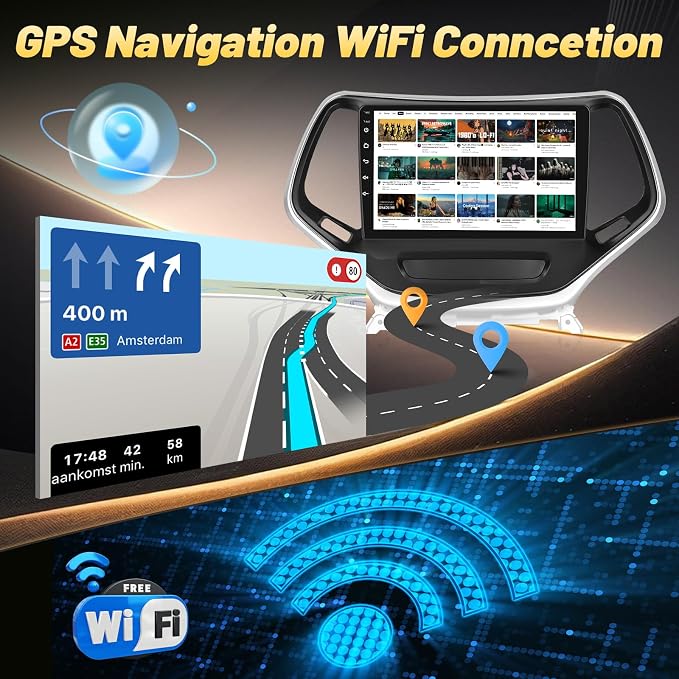 2+64G Android Car Stereo for Jeep Cherokee Sport 2014 2015 2016 2017 with Wireless Carplay/Android Auto - 10 Inch Touchscreen Radio with Equalizer, WiFi, GPS, FM RDS, AHD Rear View Cam