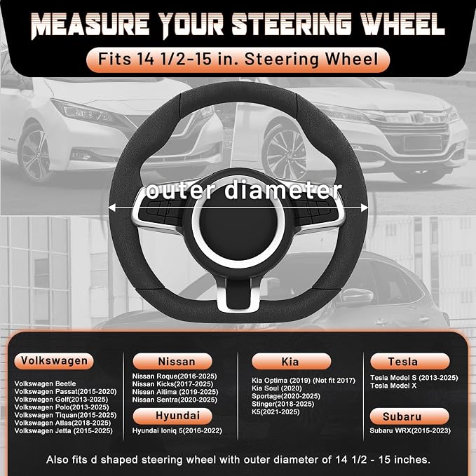 D Shaped Steering Wheel Cover for 14.5-15 inch Flat Bottom Wheels, Breathable Perforated Microfiber Leather, Anti-Slip Grip, Universal Fit for Cars & SUVs, Black and Orange