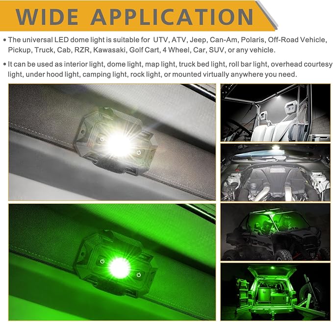 UTV Dome Light with Switch, Universal Roll Bar Mount LED Lights Roll Cage Map Light Interior Lights for UTV ATV Golf Cart Trucks Bed RZR Polaris Off-Road - White/Green