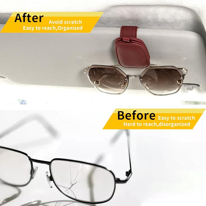Magnetic Leather Sunglasses Holder for Car, 2 Packs (Red) | Magnetic Car Visor Accessories