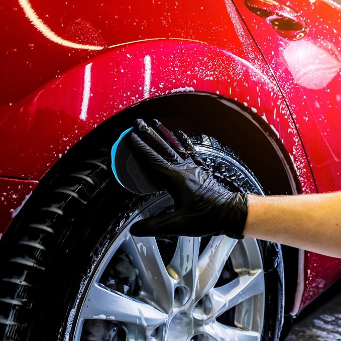 6 Pcs Tire Hex Grip Dressing Applicator Washable Tire Shine Applicator Dressing Pad Car Detailing Foam Sponge Reusable Tire Cleaner Sponge for No Slip Tire (Black, Red, Blue, 4.33 Inch Diameter)