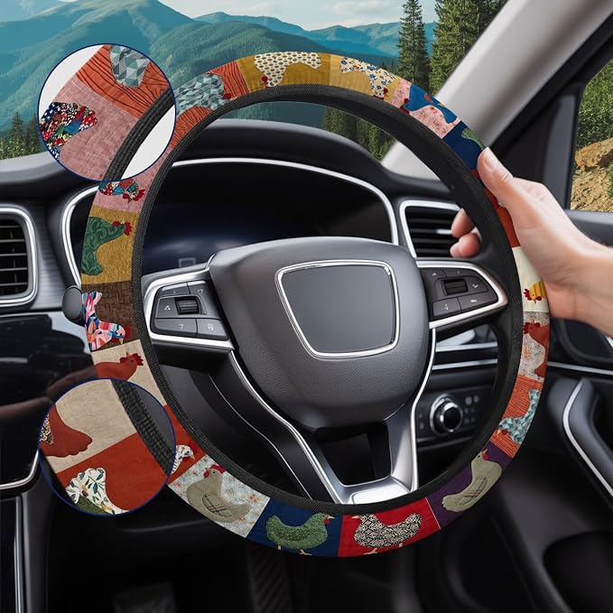 Chicken Patchwork Steering Wheel Cover, Polyester Non-Slip Car Wheel Grip, Universal 15 Inch Auto Accessory
