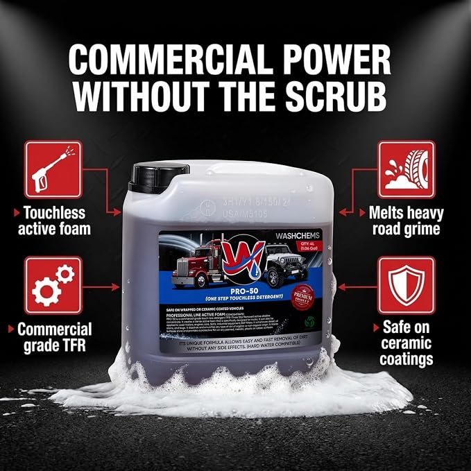 Pro 50 Touchless One Step Car Wash Detergent Soap Concentrate No Brushing, Commercial Grade Professional Auto Foam Cleaner Also Great for Trucks & Tractors