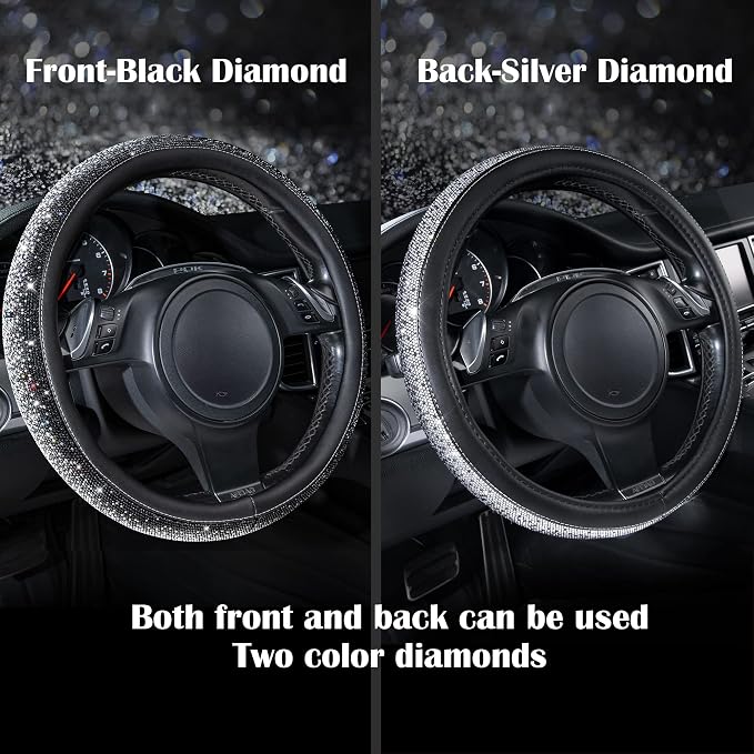 Bling Diamond Leather Steering Wheel Cover, Bling Sparkly Crystal Glitter Rhinestones Universal Fit 14" 1/2-15" Car Wheel Protector for Women Girl Fit Suvs,Vans,Sedans,Trucks, Black Silver