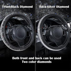 Bling Diamond Leather Steering Wheel Cover, Bling Sparkly Crystal Glitter Rhinestones Universal Fit 14" 1/2-15" Car Wheel Protector for Women Girl Fit Suvs,Vans,Sedans,Trucks, Black Silver