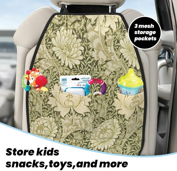 Chrysanthemum Pattern William Morris Throw Car Seat Back Kick Protectors Kick Mats With Storage Pockets For Vehicles To Protect From Dirt Mud Scratches 2 Pack