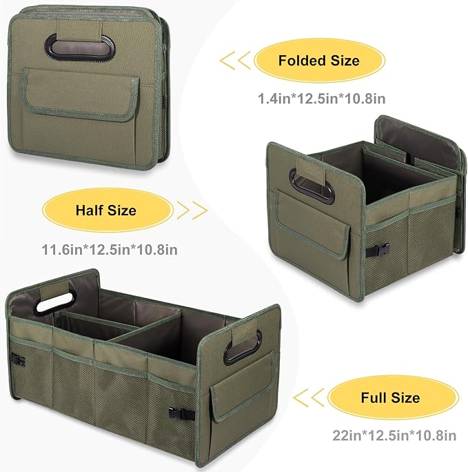 Car Trunk Organizer, Car Organizers and Storage Collapsible Multi Compartment Container Box, Adjustable Car Accessories for SUV Sedan Truck, Standard Size, Green