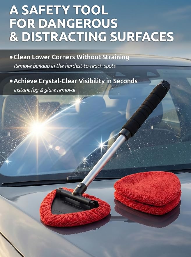 Window & Windshield Cleaner, Extendable, 3 Microfiber Pads (Red) | Pivoting Triangle Head Wiper Cleans Interior & Exterior Glass, 3 Washable Reusable Bonnets, Lint-Free