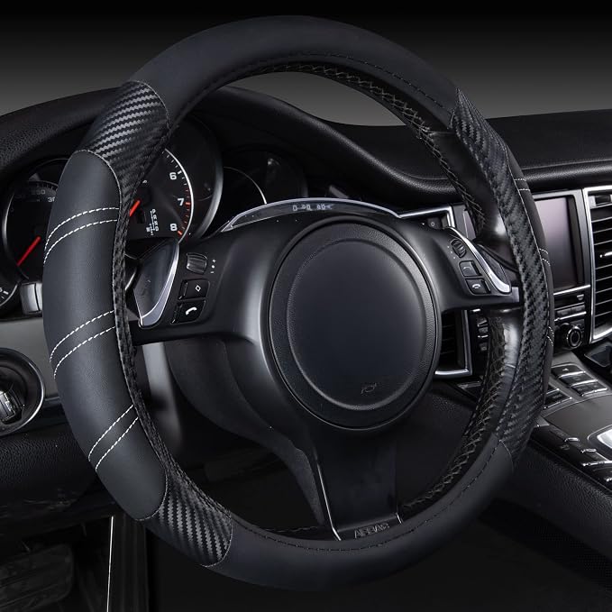 Line Rider Microfiber Leather Sporty 14.5-15 inch Steering Wheel Cover Universal Fits for 95% Truck,SUV,Cars, Anti-Slip Safety Comfortable Design (Black Carbon Fiber)