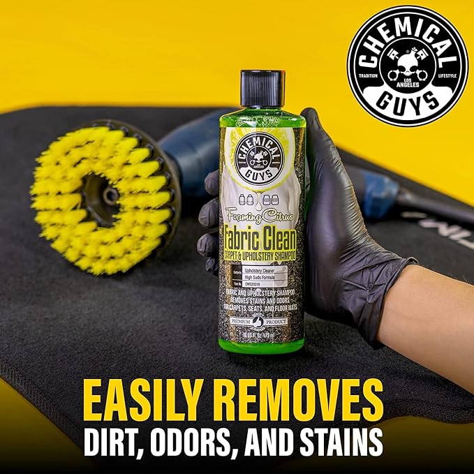 Foaming Citrus Fabric Clean Drill Brush Kit - High Foaming Stain and Odor Remover, Upholstery, Floor Mat & Car Carpet Cleaner, Deep Cleans & Deodorizes, Citrus Scent - 16 fl oz