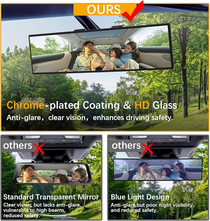 12 Inch Chrome Coat Anti-glare Wide Angle Rear View Mirror 2 Pack | Convex Panoramic Clip-on HD Rearview Mirror Universal Car Interior Accessories Mirrors for Car SUV Truck to Reduce Blind Spot