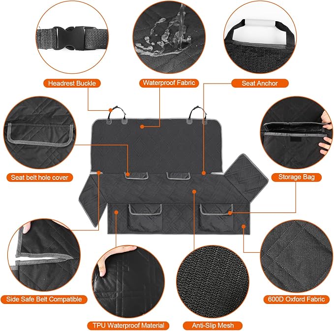 Dog Car Seat Cover Compatible with Jeep Wrangler 4 Door 2007-2025, Waterproof Pet Bench Seat Cover for Back Seat, 600D Heavy Duty Scratch Proof Nonslip Truck Seat Covers for Dogs