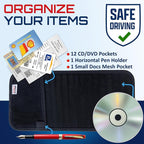 CD Case Holder for Car - Sun Visor Organizer for 12 CD’s/Dvd’s, 1 Mesh Pocket & 1 Horizontal Pen Holder - Safe, Ergonomic Design (Black)