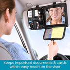 Car Sun Visor Organizer with Hidden Auto Registration and Insurance Holder, Car Visor Mirror and Grip Band Storage Panel for Sunglasses and Driving Essentials