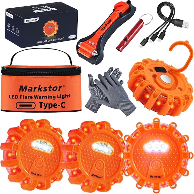 Led Road Flares 4 Pack LED Flares Emergency Kit Recharge LED Flares Light with Magnetic Roadside Safety Disc Flares Kit with Breaker Whistle for Vehicle