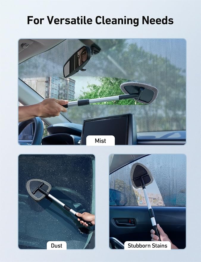 21" Extra-Long Windshield Cleaner Tool, Car Interior Detailing Cleaning Kit with Extendable Handle and 4 Upgraded Reusable Microfiber Pads, Auto Glass Wiper Brush Kit for Cars, Gray, 2 Pack