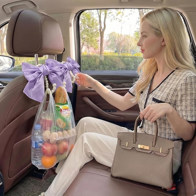 2PCS Satin Bow Pearl Car Seat Headrest Hooks – Car Bag Holder & Vehicle Hanger for Purses – Cute Coquette Aesthetic Interior Decoration – Cute Auto Organizer Accessories Universal (Lavender Purple)