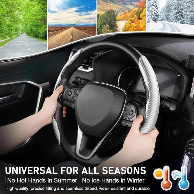 Steering Wheel Cover, Carbon Fiber Steering Wheel Cover Men/Women, Anti-Slip, Heat Resistant, Durable, Universal for 99% Car Interior Accessories (Silver)