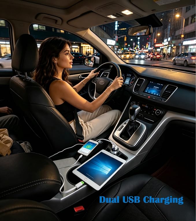 2 USB Car Charger,12V/24V Voltage Meter, Silver | Cigarette Lighter USB Adapter with LED Voltage Meter, 12V/24V Car Charger compatible for iPhone, Samsung, iPad, GPS, Dash Cam