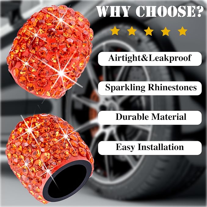 8PCS Bling Crystal Diamond Tire Stem Valve Caps, Dustproof Car Wheel Tire Valve Caps Universal Tire Valve Stem Covers for Cars, SUV, Trucks, Bikes, Motorcycles, Bicycles (Orange)